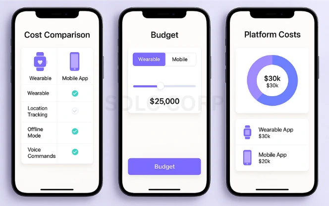 Wearable App vs Mobile App: Cost Comparison Three mobile screens showing a feature comparison chart, interactive cost slider, and pie chart comparing development costs for wearable and mobile apps