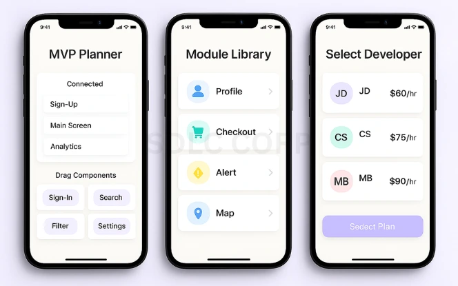 Best Practices to Reduce Costs Three mobile screens displaying MVP planning checklist, reusable component library, and developer outsourcing dashboard with cost filters