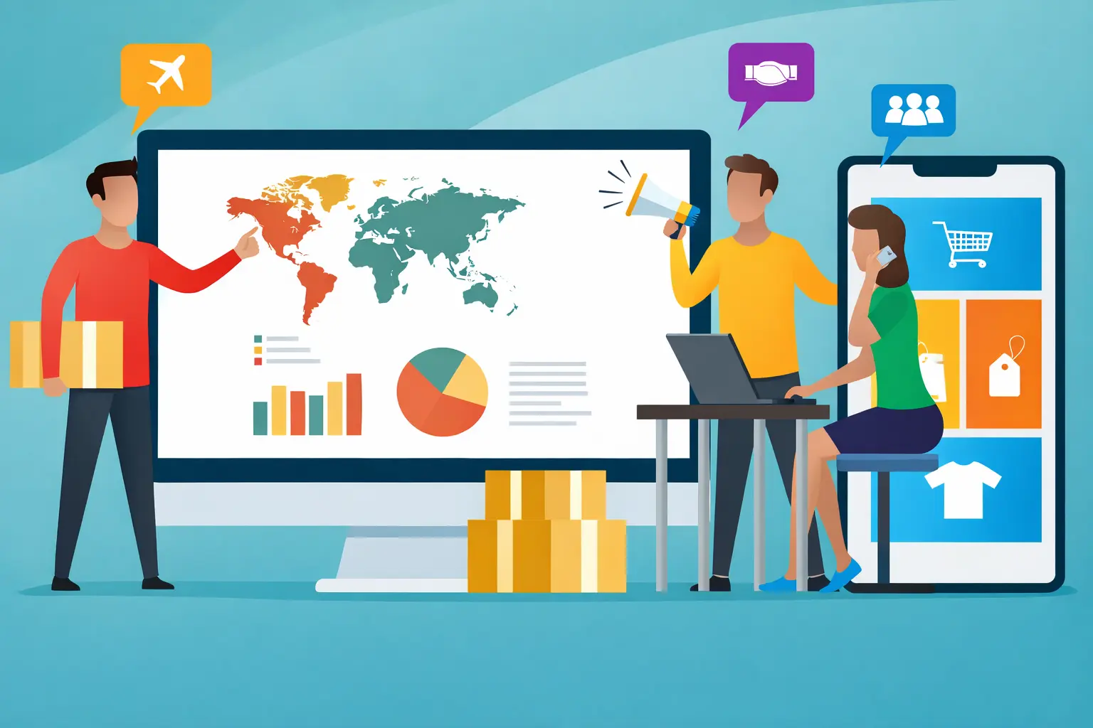 Global eCommerce and logistics management illustration showing cross-border shipping, online marketplace analytics, order fulfillment, and digital commerce operations.