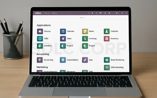 Laptop screen displaying the Odoo dashboard with various application modules such as CRM, Sales, Invoicing, Inventory, Accounting, Email Marketing, and Project Management.