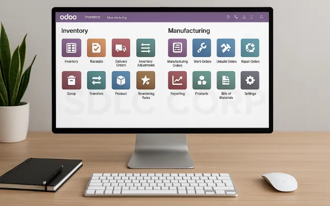 Desktop screen showing Odoo ERP dashboard with Inventory and Manufacturing modules including Inventory Adjustments, Manufacturing Orders, Work Orders, Repair Orders, Products, and Bills of Materials.