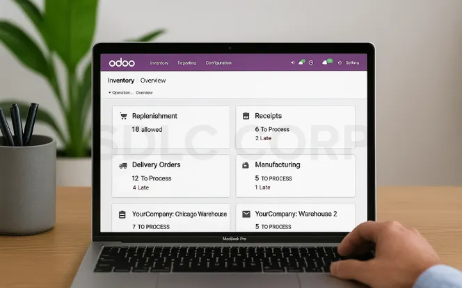 Laptop screen displaying Odoo Inventory module overview with sections for Replenishment, Receipts, Delivery Orders, Manufacturing, and warehouse processing status.