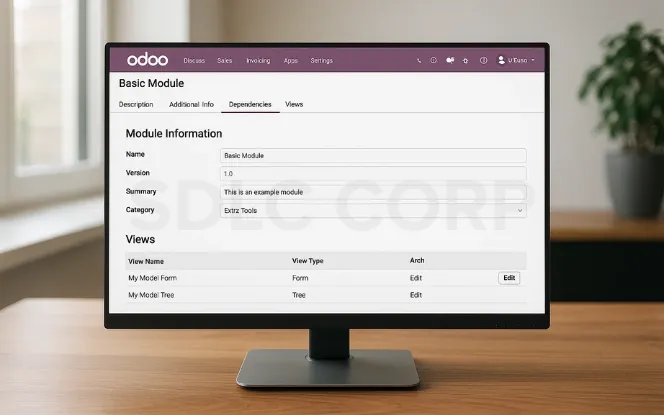 Desktop screen showing Odoo interface for module development with Basic Module details including name, version, summary, category, and editable views.