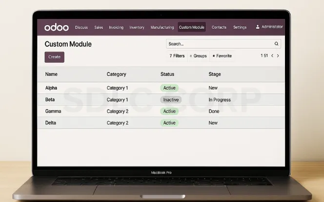 Laptop screen displaying Odoo Custom Module dashboard with module list including names, categories, status indicators, and project stages like New, In Progress, and Done.
