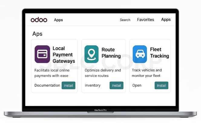 Laptop screen showing Odoo Apps dashboard featuring modules for Local Payment Gateways, Route Planning, and Fleet Tracking with install options.