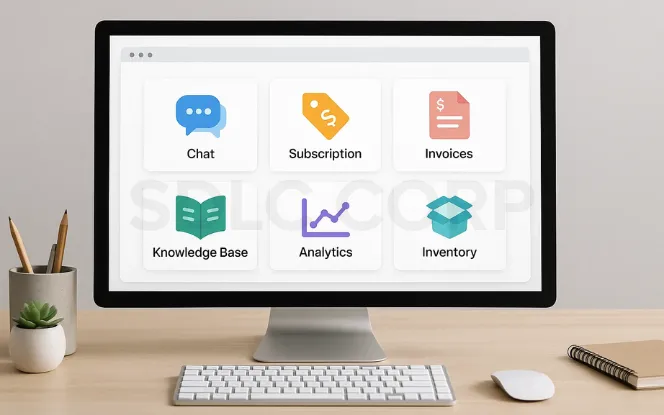 Desktop screen displaying modular interface with advanced Odoo features including Chat, Subscription, Invoices, Knowledge Base, Analytics, and Inventory.