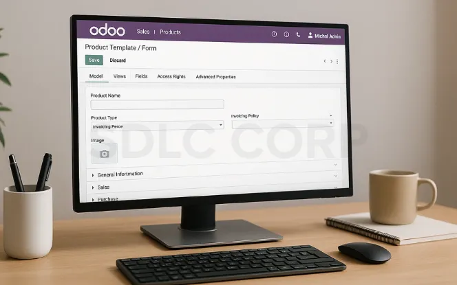 Desktop screen showing Odoo Product Template form with tabs for Model, Views, Fields, Access Rights, and Advanced Properties for module customization.