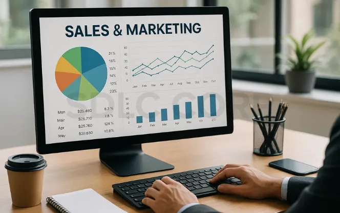 Desktop screen displaying Odoo Sales & Marketing dashboard with quotation rate, invoice analysis chart, sales opportunities metrics, and revenue pipeline overview.