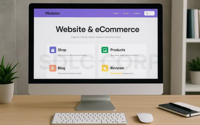 Computer screen displaying a website and eCommerce dashboard interface with modules for Shop, Products, Blog, and Reviews. The interface has a clean, modern design with a purple header.