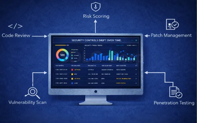  Security controls dashboard for scans, patching, and pentests.