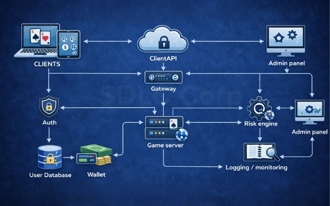  Poker app security architecture with auth, wallet, risk, and monitoring.
