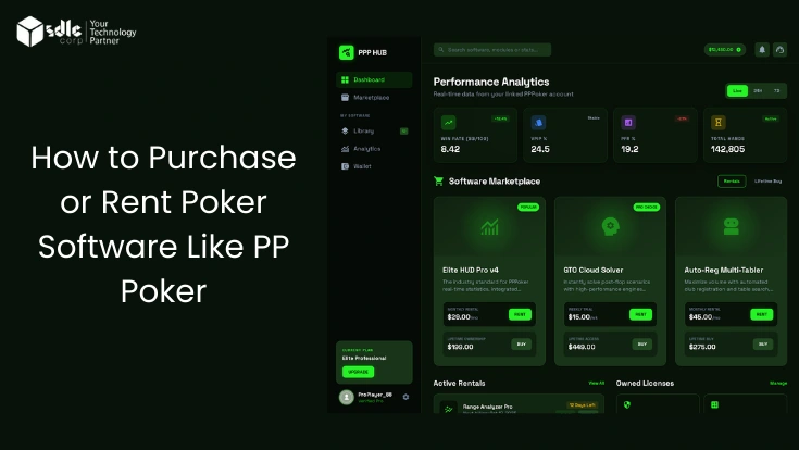 Poker software dashboard with analytics and marketplace rent/buy options.