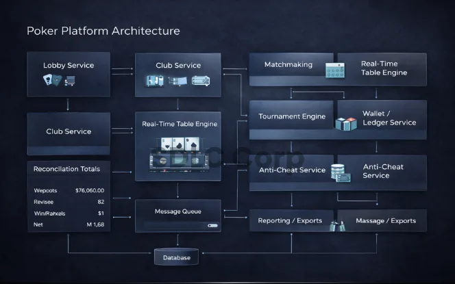 Poker platform software architecture diagram showing lobby, table engine, and admin panel.