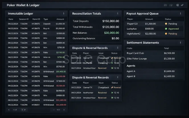 Real money poker wallet and ledger flow with payment gateway integration.