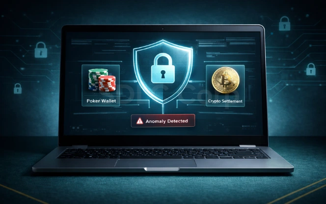Security in blockchain poker systems dashboard showing anomaly detected with poker wallet and crypto settlement