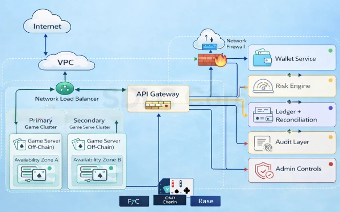 Poker platform architecture diagram showing API gateway, wallet service, risk engine, ledger reconciliation, audit layer, and admin controls