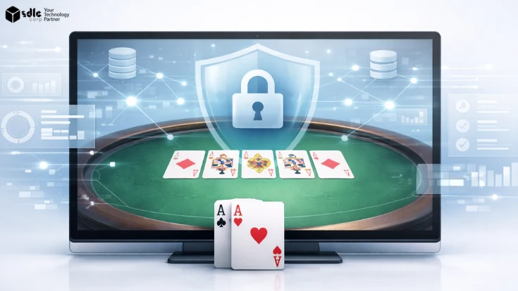 Secure online poker game interface with playing cards and subtle data security visuals on a clean light-blue background.