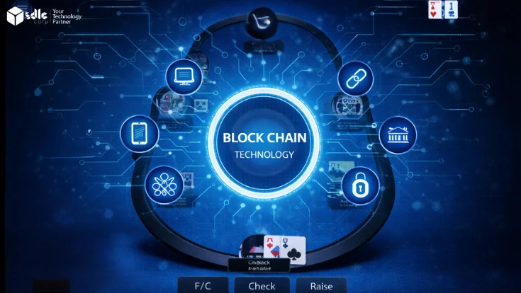 Blockchain poker app on a tablet screen showing secure blockchain technology, connected icons with betting controls.