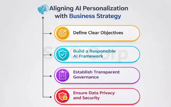 Infographic illustrating how to align AI personalization with business strategy, covering clear objectives, responsible AI framework, transparent governance, and data privacy and security.