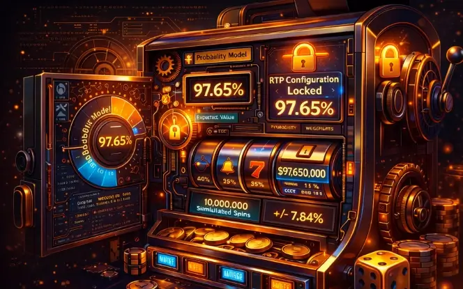 Casino game development interface showing RTP configuration and simulation validation process.