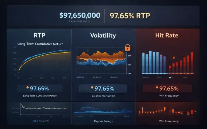 Visual explaining how RTP remains constant while volatility and hit rate affect outcome patterns.