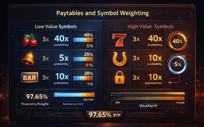 Diagram explaining how symbol frequency and paytables control payouts in casino games.