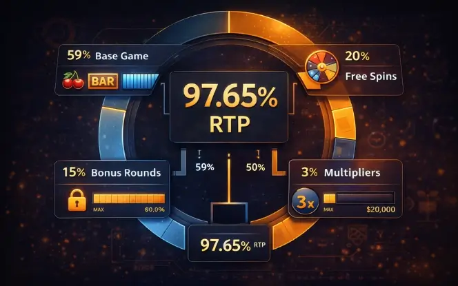 Diagram showing how RTP is distributed between base gameplay and bonus feature payouts.
