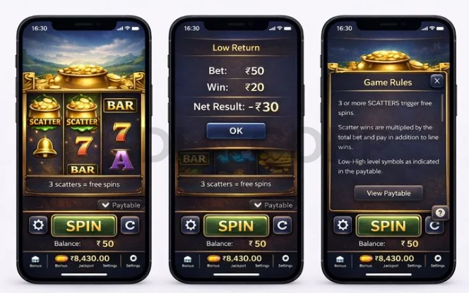 Three mobile slot game screens showing casino risk mechanics with wins, losses, and clear game rules.