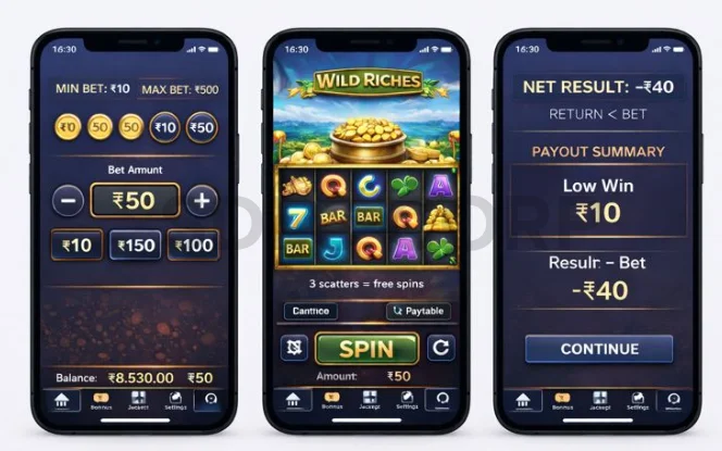 “Casino mobile game UI illustrating the core gameplay loop with clear bet controls, slot outcome, payout summary, and transparent low-return win feedback”