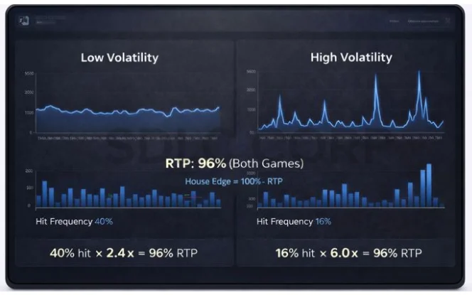 Dashboard comparing low and high volatility casino games with RTP 96% and hit frequency charts.