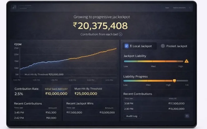 Dashboard showing growth of a progressive jackpot pool with contribution rates, liability, and recent wins.