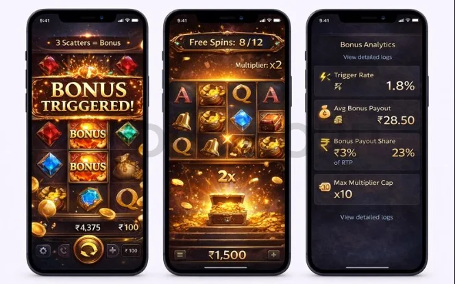 Three mobile slot game screens showing a bonus trigger, free spins round, and bonus feature analytics.