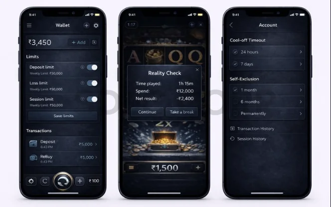 Responsible gambling mobile screens showing wallet limits, reality check session summary, and self-exclusion controls