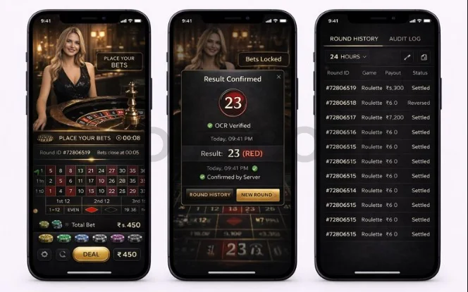 Live casino mobile screens showing dealer betting with bet lock and timer, OCR-verified result confirmation with round ID, and audit log round history