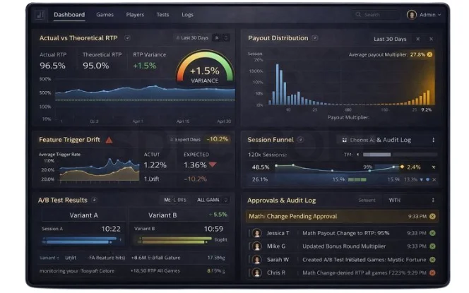 Game analytics dashboard showing actual vs theoretical RTP, payout distribution, feature trigger drift, session funnel drop-offs, A/B tests, and audit logs