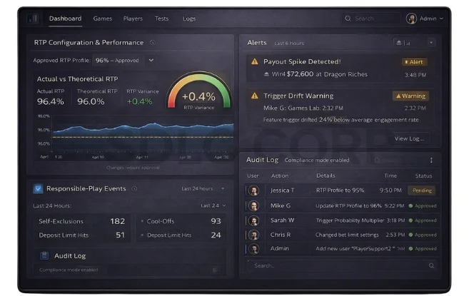 Admin dashboard showing approved RTP profiles, payout spike alerts, responsible-play events, and audit logs for compliance