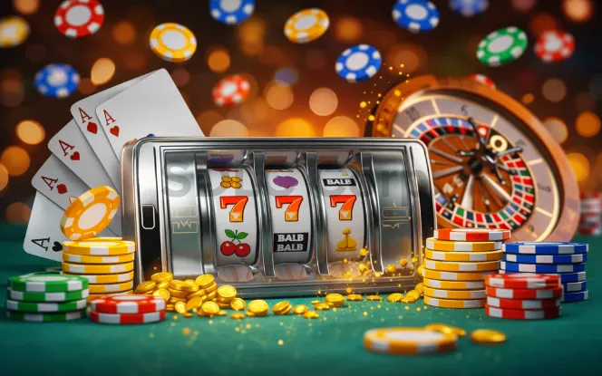 Slot machine reels with casino chips, cards, and roulette wheel on a gaming table