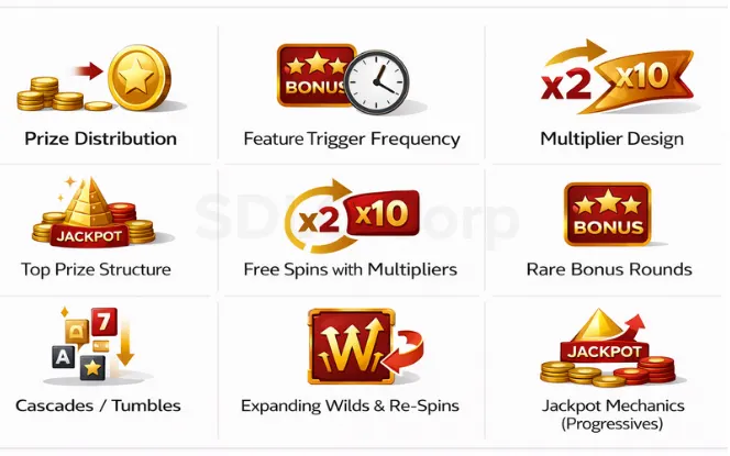 Slot game feature overview showing bonuses, multipliers, free spins, and jackpot mechanics