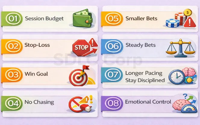 Bankroll management strategies showing session budgeting, smaller bets, stop-loss rules, pacing, and emotional control