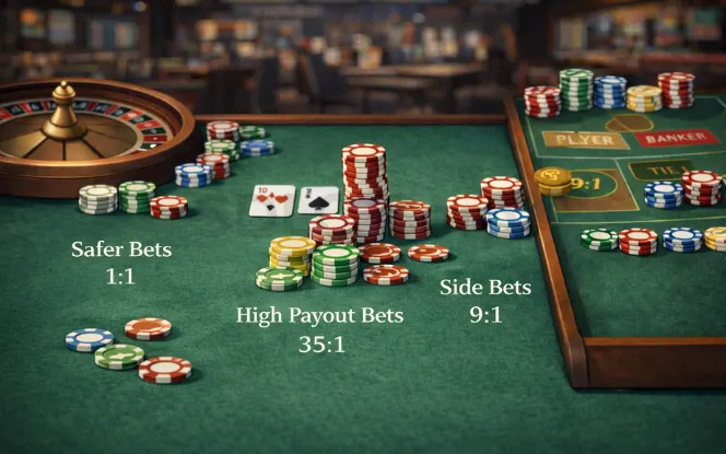 Table game betting layout with low-risk, high-payout, and side bets demonstrating volatility and payout ratios