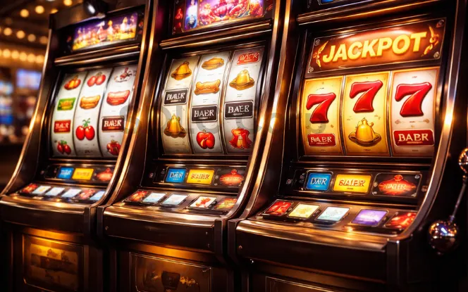 Multiple slot machines showing jackpot reels and high-value symbols representing slot volatility and payout potential