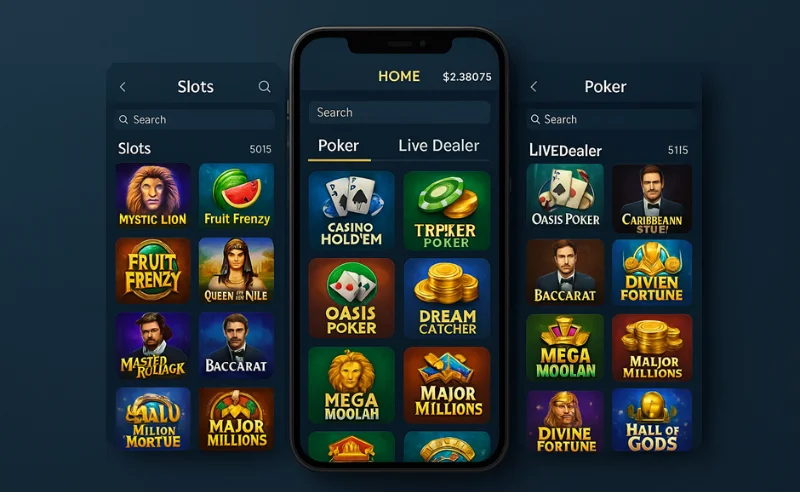 Screenshot of an online casino app home page showing different gaming categories including Slots, Poker, Live Dealer Games, and Jackpot Games on a mobile interface.
