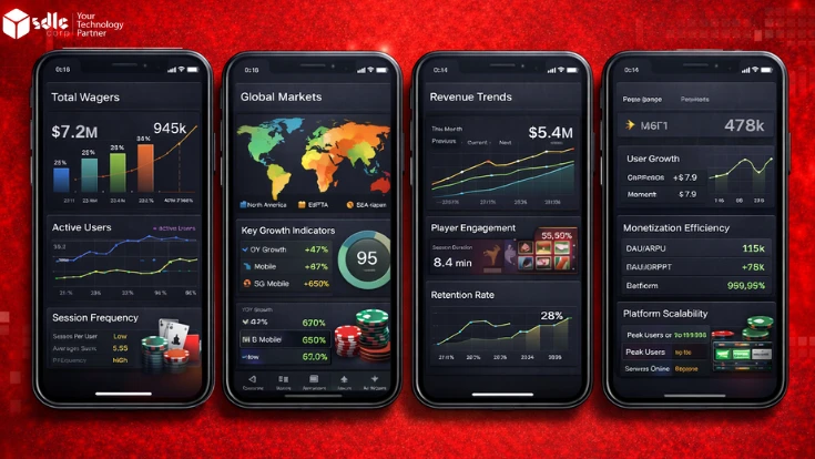 Mobile casino market dashboard showing users, wagers, revenue trends