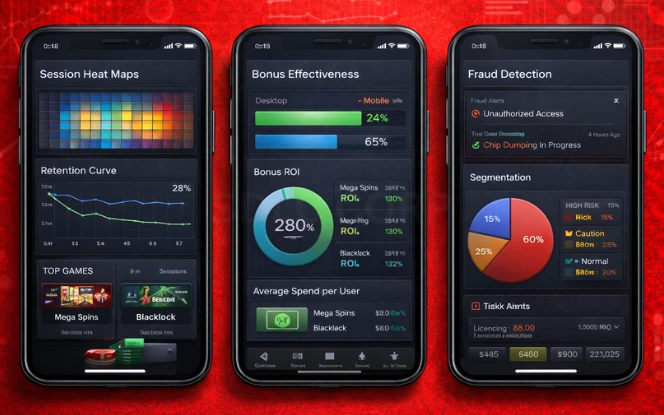 Data Analytics and Player Behavior Insights Mobile casino analytics dashboard showing player behavior and fraud alerts