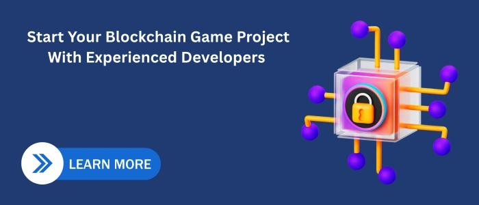 “Blockchain game development CTA showing secure Web3 technology and a learn more button.”