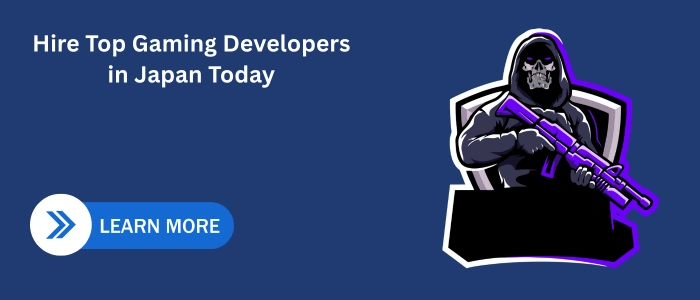“Hooded gamer character holding a rifle next to a CTA button with the text Hire Top Gaming Developers in Japan Today.”