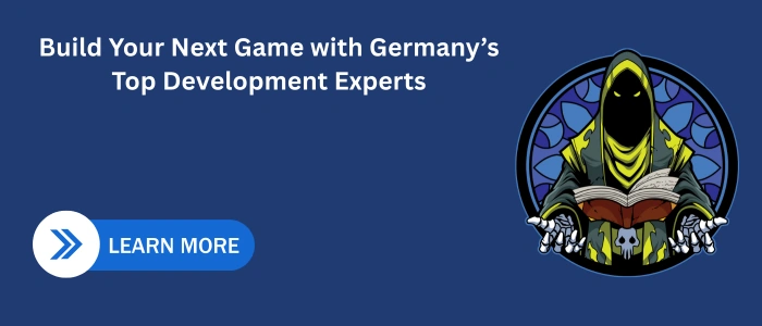 Illustration of a hooded game character holding a book beside a CTA banner that says “Build Your Next Game with Germany’s Top Development Experts.”
