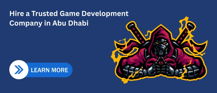 Illustration of a masked warrior holding dual swords with a CTA message “Hire a Trusted Game Development Company in Abu Dhabi” on a blue background.