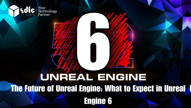 Unreal Engine 6 logo on an abstract dark geometric background, illustrating an article on the future of Unreal Engine and what to expect in Unreal Engine 6
