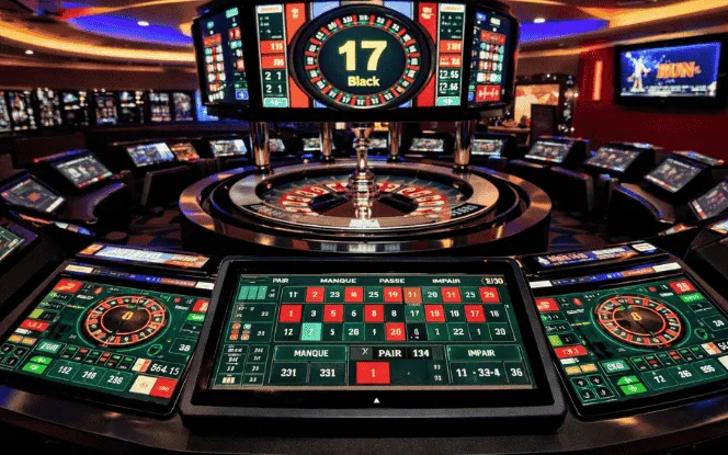 Electronic roulette table with touchscreen betting panels in a casino..